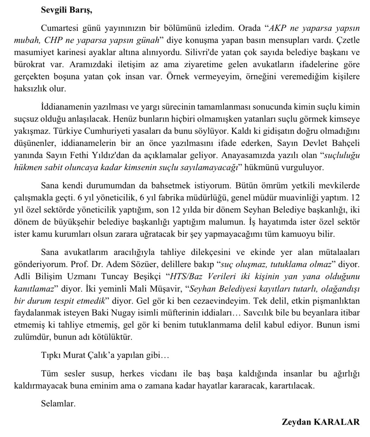 zeydan karalar yardas mektup