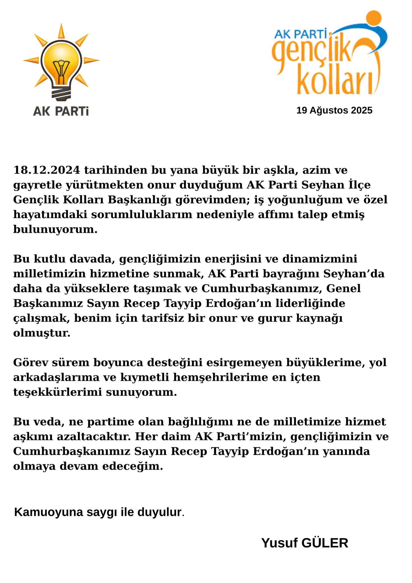 Yusuf Güler İstifa Açıklaması