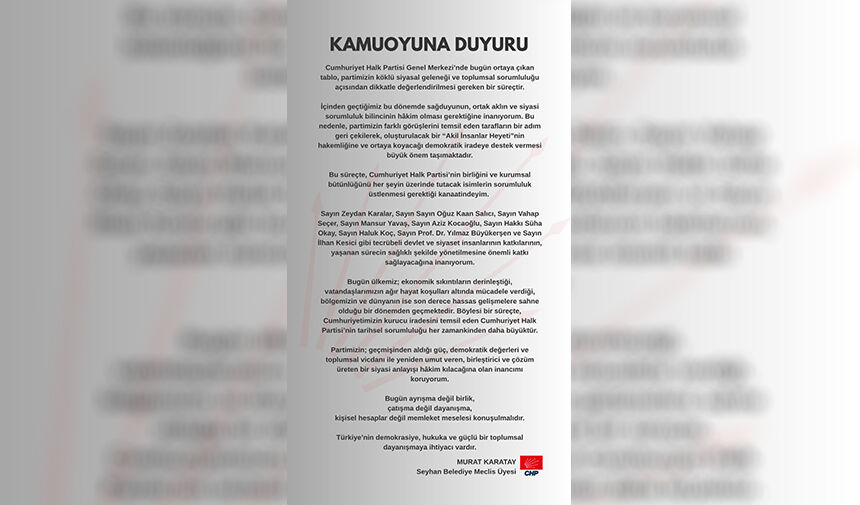 Murat Karatay’dan C H P’ye “ Akil Adamlar Heyeti” Çağrısı 2